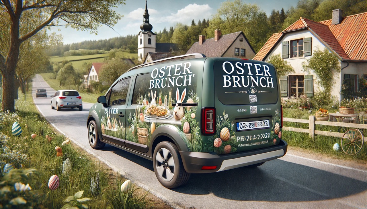 Vollbeklebung für Fahrzeuge für Osterwerbung Fahrzeug auf einer Straße mit Oster Brunch Vollbeklebung